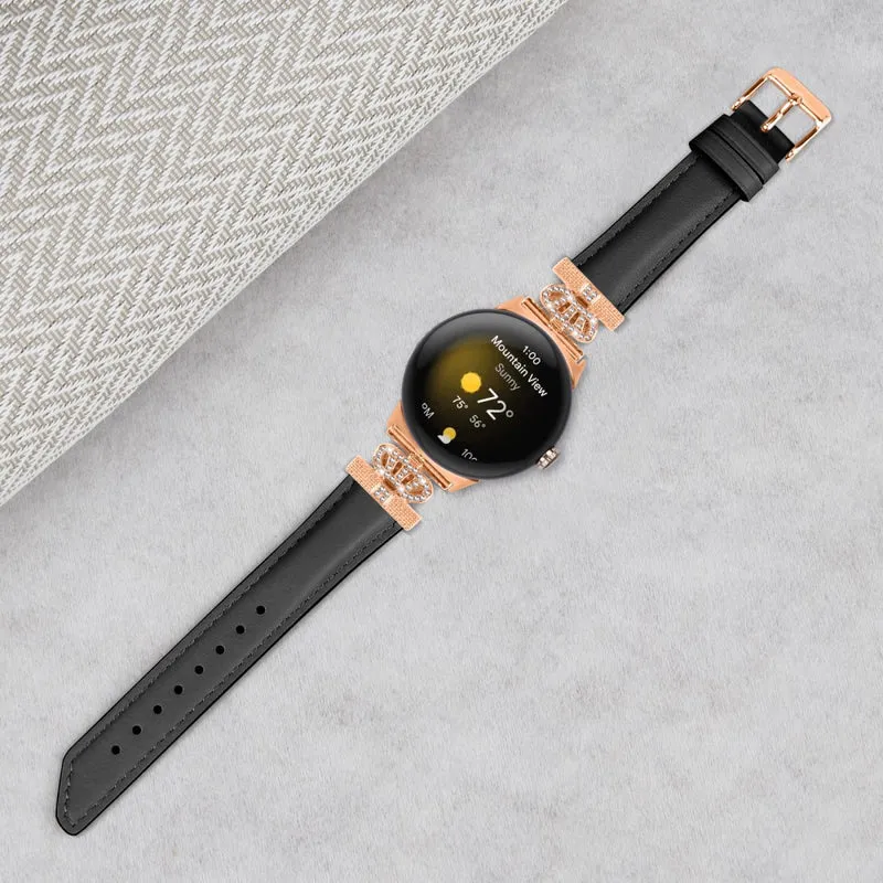Rose Gold Buckle Watch Band Google Pixel Watch / Pixel Watch 2 Crown Rhinestone Genuine Cowhide Leather Strap