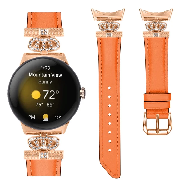 Rose Gold Buckle Watch Band Google Pixel Watch / Pixel Watch 2 Crown Rhinestone Genuine Cowhide Leather Strap