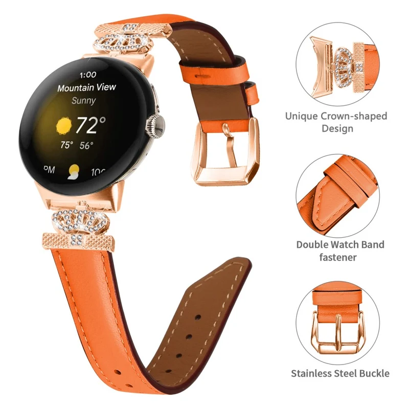Rose Gold Buckle Watch Band Google Pixel Watch / Pixel Watch 2 Crown Rhinestone Genuine Cowhide Leather Strap