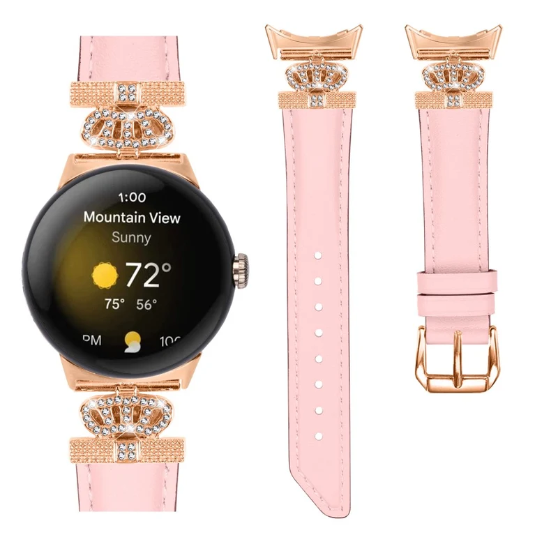 Rose Gold Buckle Watch Band Google Pixel Watch / Pixel Watch 2 Crown Rhinestone Genuine Cowhide Leather Strap