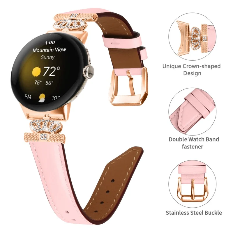 Rose Gold Buckle Watch Band Google Pixel Watch / Pixel Watch 2 Crown Rhinestone Genuine Cowhide Leather Strap