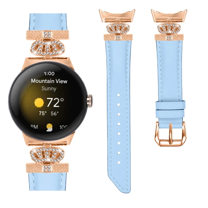 Rose Gold Buckle Watch Band Google Pixel Watch / Pixel Watch 2 Crown Rhinestone Genuine Cowhide Leather Strap