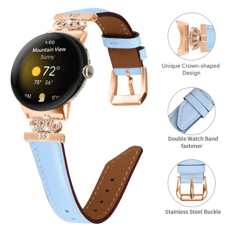 Rose Gold Buckle Watch Band Google Pixel Watch / Pixel Watch 2 Crown Rhinestone Genuine Cowhide Leather Strap