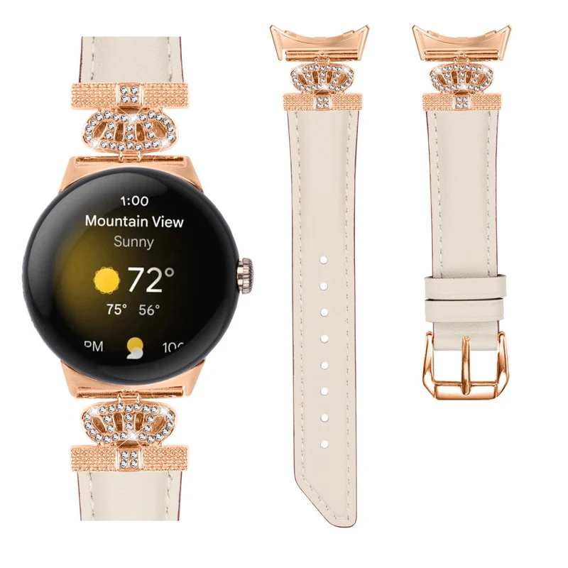 Rose Gold Buckle Watch Band Google Pixel Watch / Pixel Watch 2 Crown Rhinestone Genuine Cowhide Leather Strap