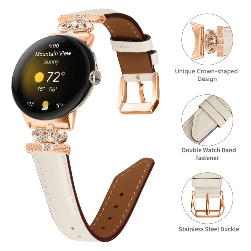 Rose Gold Buckle Watch Band Google Pixel Watch / Pixel Watch 2 Crown Rhinestone Genuine Cowhide Leather Strap