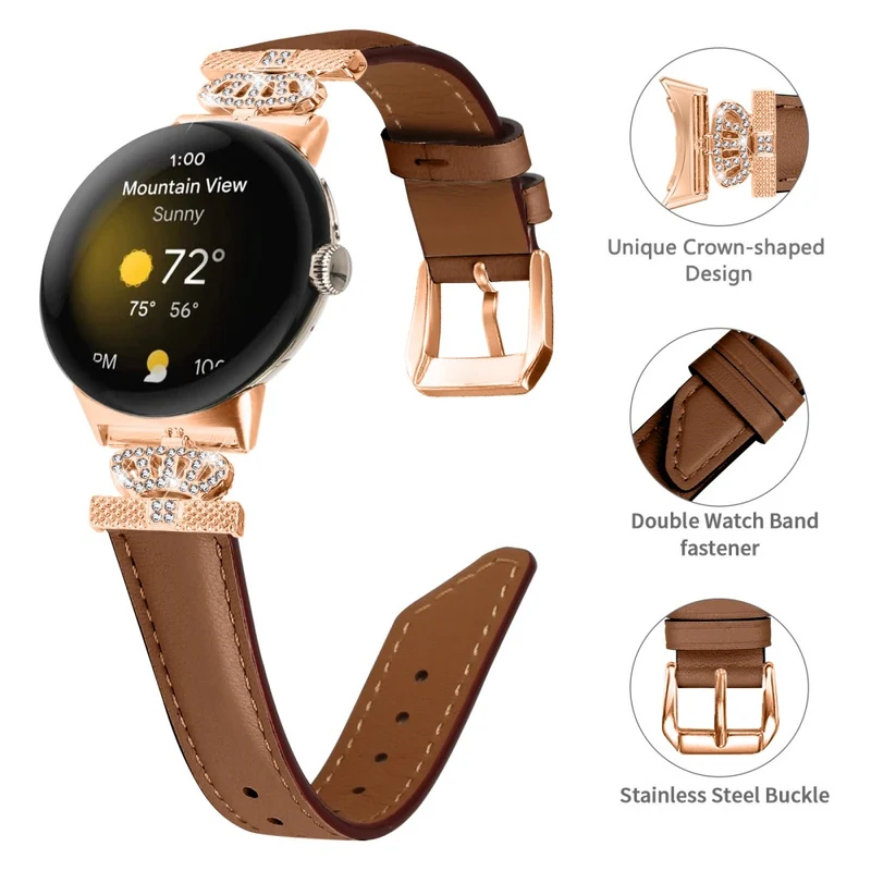 Rose Gold Buckle Watch Band Google Pixel Watch / Pixel Watch 2 Crown Rhinestone Genuine Cowhide Leather Strap