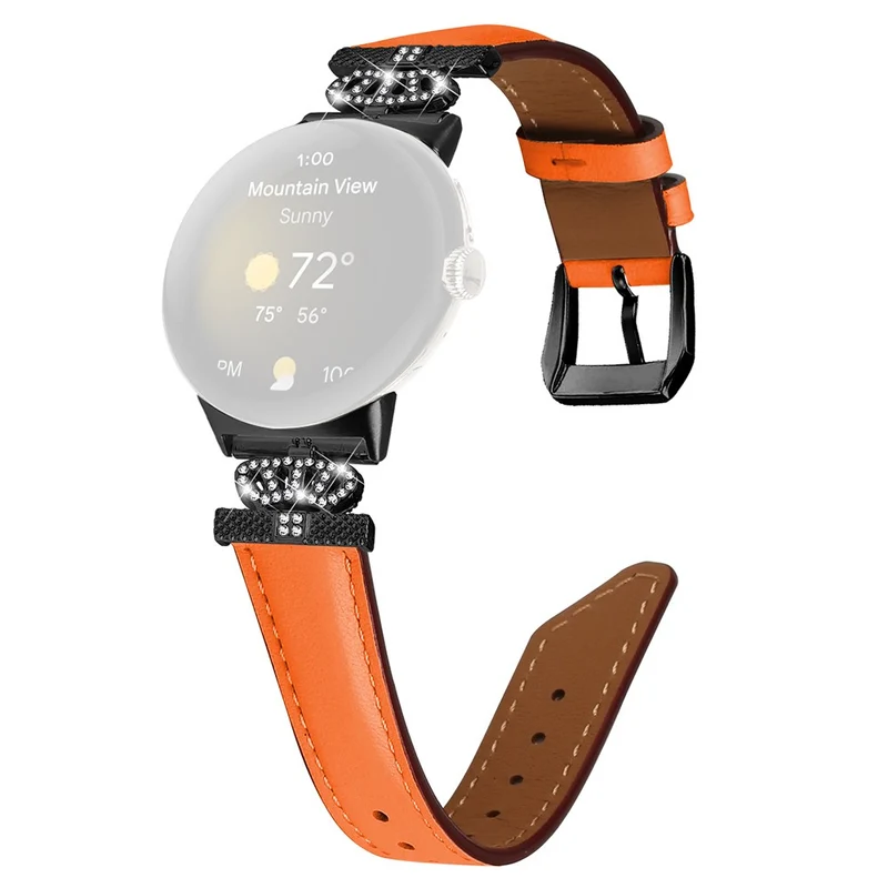 Black Buckle Watch Strap Google Pixel Watch / Pixel Watch 2 Genuine Cowhide Leather Band with Crown Rhinestone