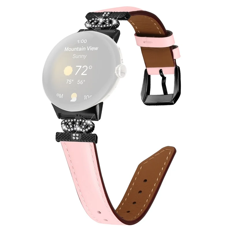 Black Buckle Watch Strap Google Pixel Watch / Pixel Watch 2 Genuine Cowhide Leather Band with Crown Rhinestone