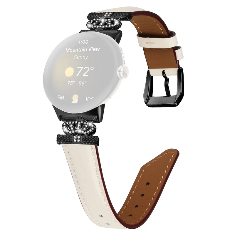 Black Buckle Watch Strap Google Pixel Watch / Pixel Watch 2 Genuine Cowhide Leather Band with Crown Rhinestone