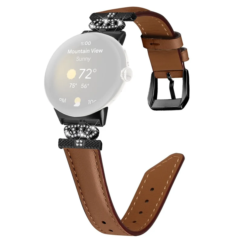 Black Buckle Watch Strap Google Pixel Watch / Pixel Watch 2 Genuine Cowhide Leather Band with Crown Rhinestone