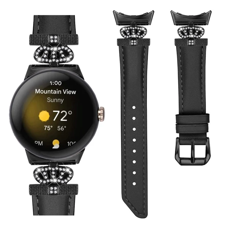 Black Buckle Watch Strap Google Pixel Watch / Pixel Watch 2 Genuine Cowhide Leather Band with Crown Rhinestone