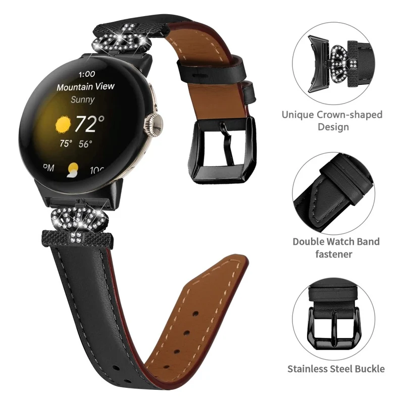 Black Buckle Watch Strap Google Pixel Watch / Pixel Watch 2 Genuine Cowhide Leather Band with Crown Rhinestone