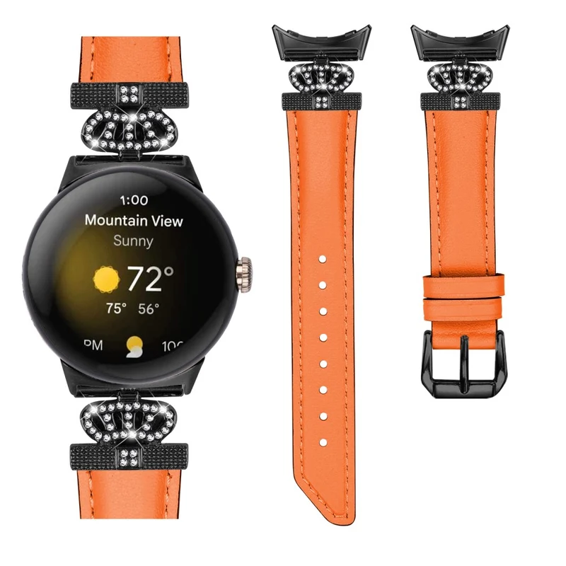 Black Buckle Watch Strap Google Pixel Watch / Pixel Watch 2 Genuine Cowhide Leather Band with Crown Rhinestone