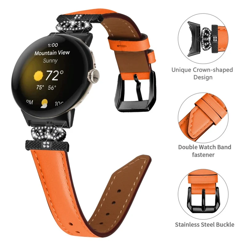 Black Buckle Watch Strap Google Pixel Watch / Pixel Watch 2 Genuine Cowhide Leather Band with Crown Rhinestone