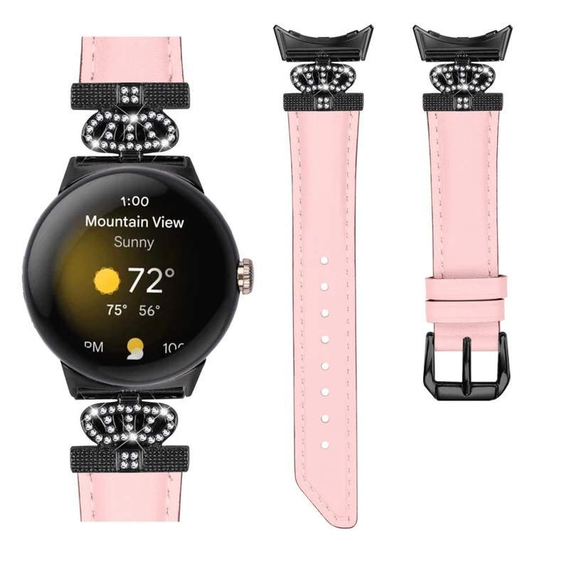 Black Buckle Watch Strap Google Pixel Watch / Pixel Watch 2 Genuine Cowhide Leather Band with Crown Rhinestone