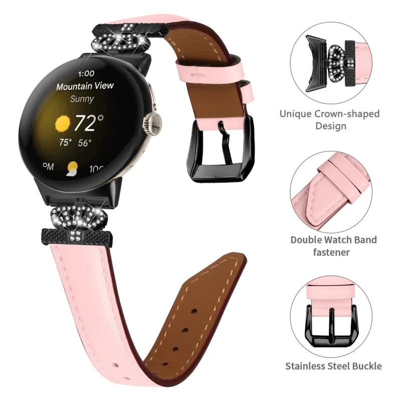 Black Buckle Watch Strap Google Pixel Watch / Pixel Watch 2 Genuine Cowhide Leather Band with Crown Rhinestone
