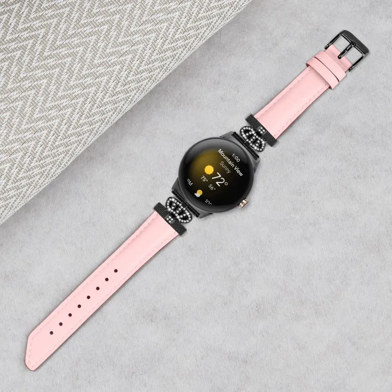 Black Buckle Watch Strap Google Pixel Watch / Pixel Watch 2 Genuine Cowhide Leather Band with Crown Rhinestone