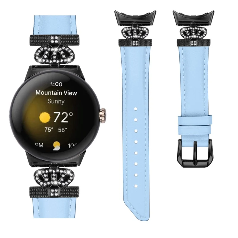 Black Buckle Watch Strap Google Pixel Watch / Pixel Watch 2 Genuine Cowhide Leather Band with Crown Rhinestone