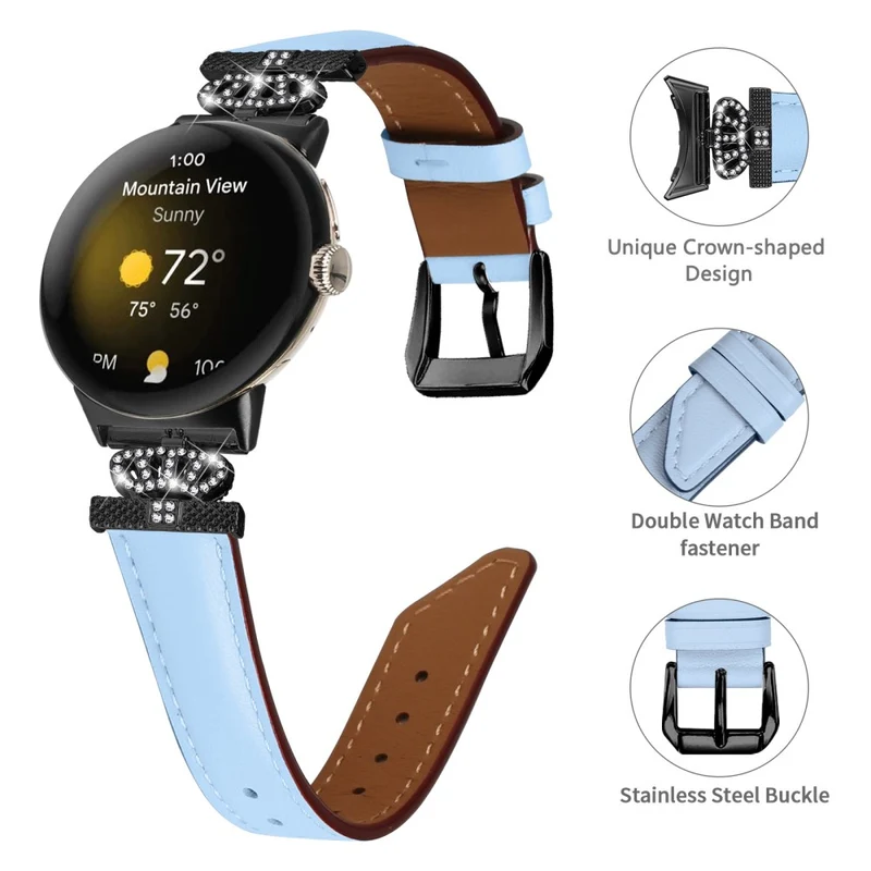 Black Buckle Watch Strap Google Pixel Watch / Pixel Watch 2 Genuine Cowhide Leather Band with Crown Rhinestone