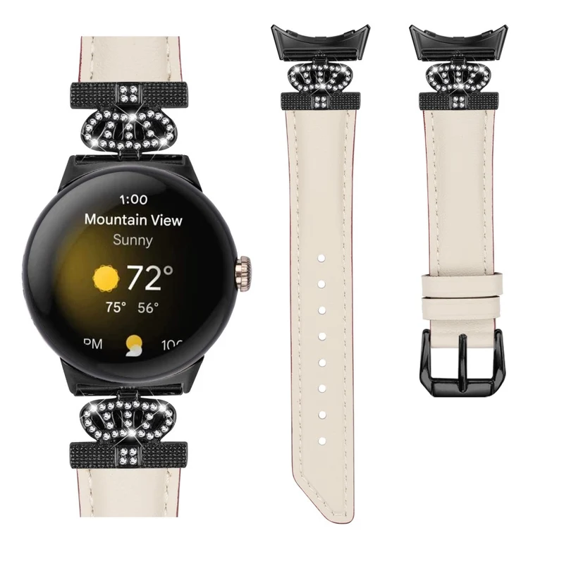 Black Buckle Watch Strap Google Pixel Watch / Pixel Watch 2 Genuine Cowhide Leather Band with Crown Rhinestone