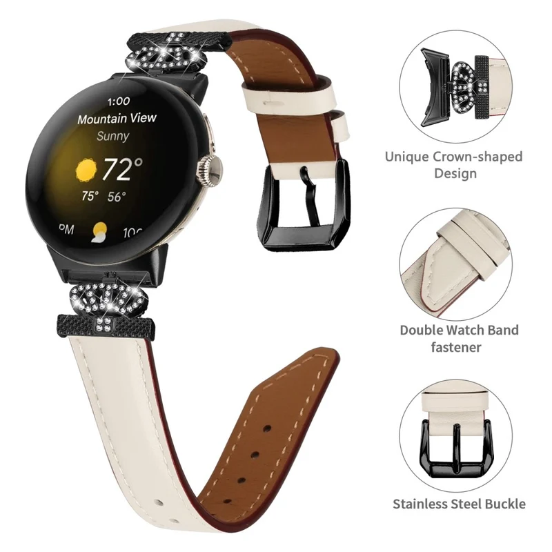 Black Buckle Watch Strap Google Pixel Watch / Pixel Watch 2 Genuine Cowhide Leather Band with Crown Rhinestone
