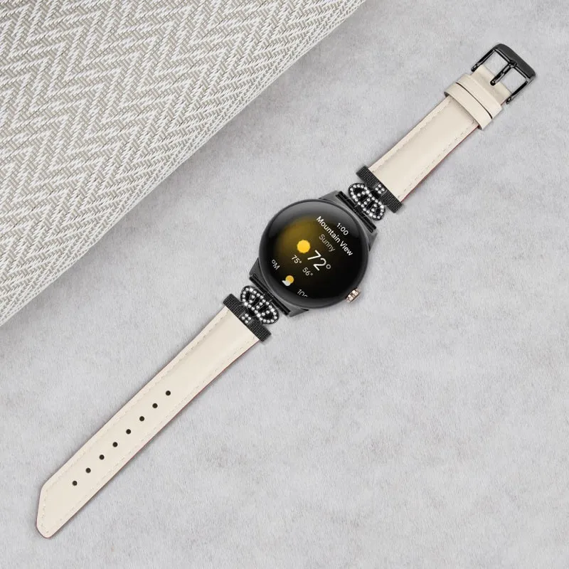 Black Buckle Watch Strap Google Pixel Watch / Pixel Watch 2 Genuine Cowhide Leather Band with Crown Rhinestone