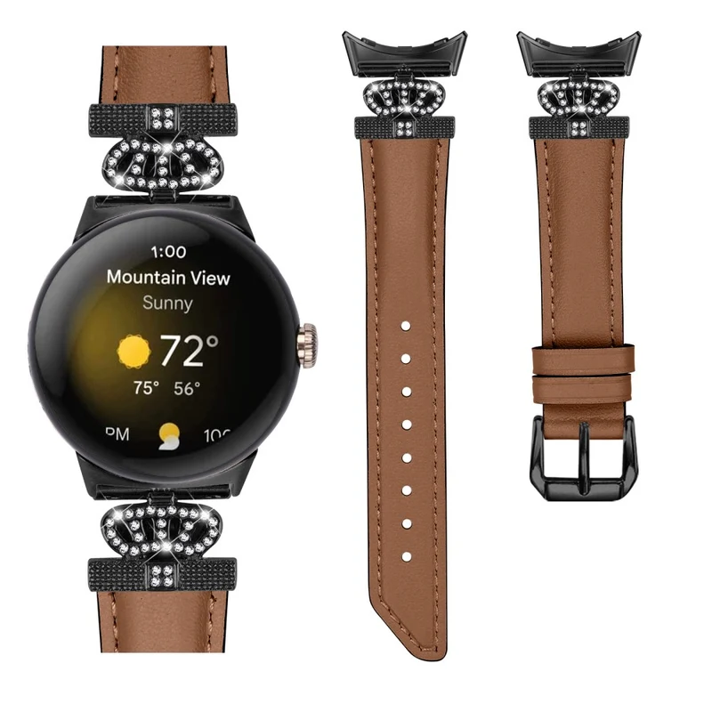 Black Buckle Watch Strap Google Pixel Watch / Pixel Watch 2 Genuine Cowhide Leather Band with Crown Rhinestone