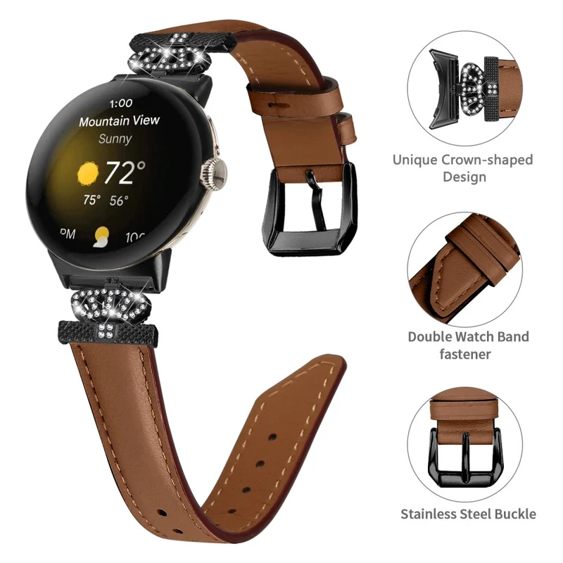Black Buckle Watch Strap Google Pixel Watch / Pixel Watch 2 Genuine Cowhide Leather Band with Crown Rhinestone