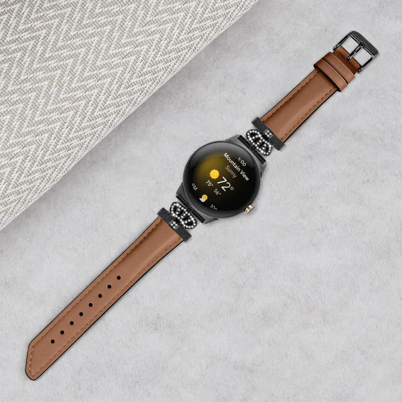 Black Buckle Watch Strap Google Pixel Watch / Pixel Watch 2 Genuine Cowhide Leather Band with Crown Rhinestone