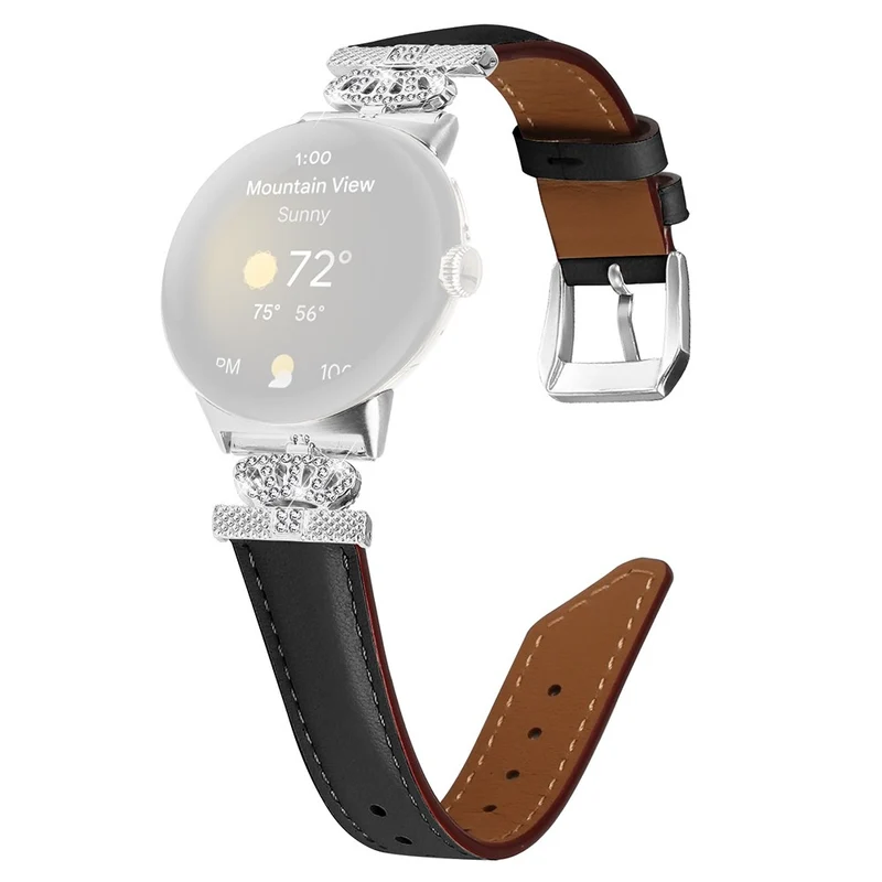Silver Buckle Band Google Pixel Watch / Pixel Watch 2 Crown Rhinestone Decor Genuine Cowhide Leather Wrist Strap
