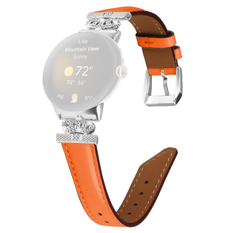 Silver Buckle Band Google Pixel Watch / Pixel Watch 2 Crown Rhinestone Decor Genuine Cowhide Leather Wrist Strap