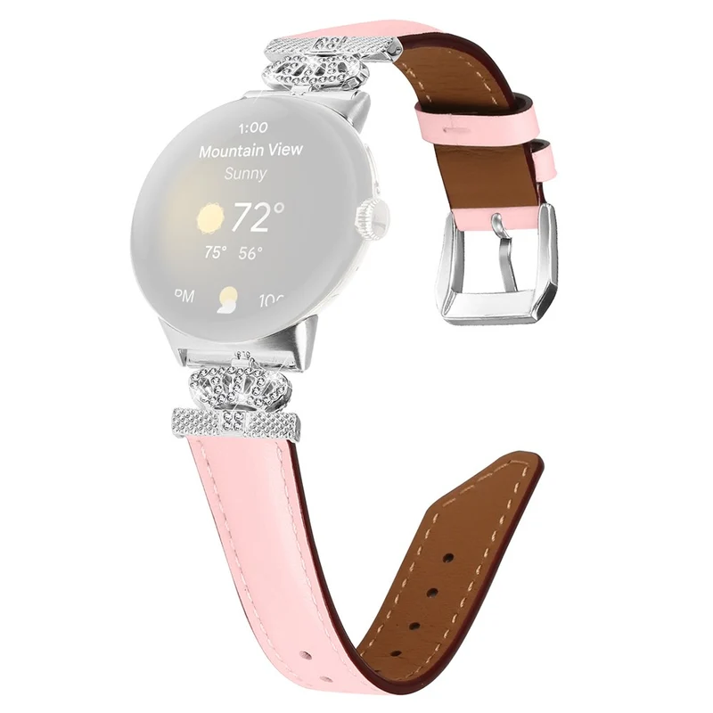 Silver Buckle Band Google Pixel Watch / Pixel Watch 2 Crown Rhinestone Decor Genuine Cowhide Leather Wrist Strap