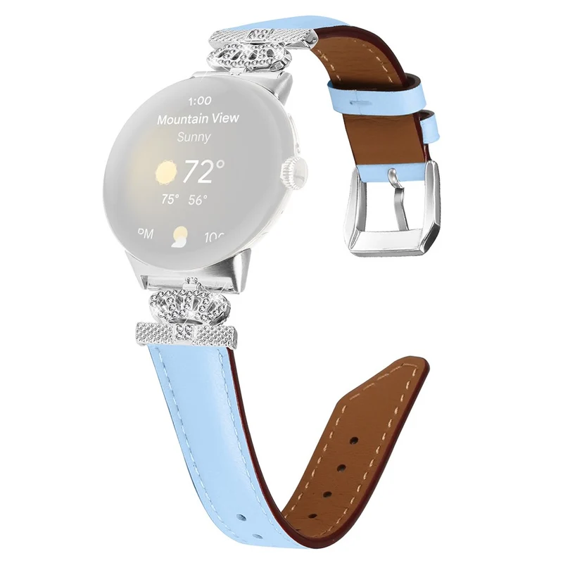 Silver Buckle Band Google Pixel Watch / Pixel Watch 2 Crown Rhinestone Decor Genuine Cowhide Leather Wrist Strap