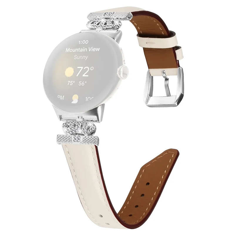 Silver Buckle Band Google Pixel Watch / Pixel Watch 2 Crown Rhinestone Decor Genuine Cowhide Leather Wrist Strap