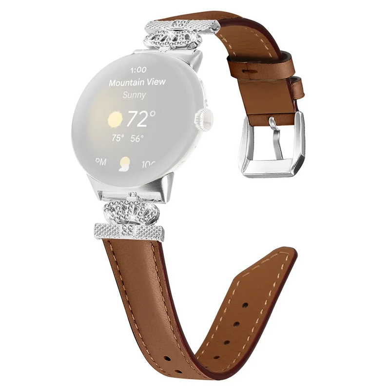 Silver Buckle Band Google Pixel Watch / Pixel Watch 2 Crown Rhinestone Decor Genuine Cowhide Leather Wrist Strap