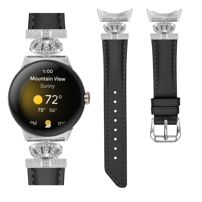 Silver Buckle Band Google Pixel Watch / Pixel Watch 2 Crown Rhinestone Decor Genuine Cowhide Leather Wrist Strap