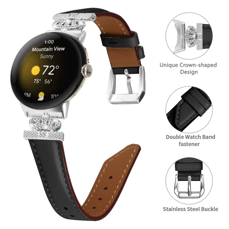 Silver Buckle Band Google Pixel Watch / Pixel Watch 2 Crown Rhinestone Decor Genuine Cowhide Leather Wrist Strap