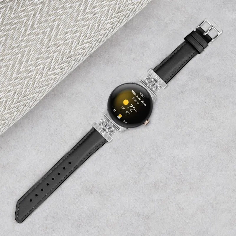 Silver Buckle Band Google Pixel Watch / Pixel Watch 2 Crown Rhinestone Decor Genuine Cowhide Leather Wrist Strap