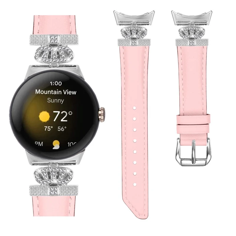 Silver Buckle Band Google Pixel Watch / Pixel Watch 2 Crown Rhinestone Decor Genuine Cowhide Leather Wrist Strap