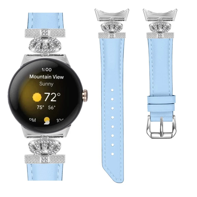 Silver Buckle Band Google Pixel Watch / Pixel Watch 2 Crown Rhinestone Decor Genuine Cowhide Leather Wrist Strap