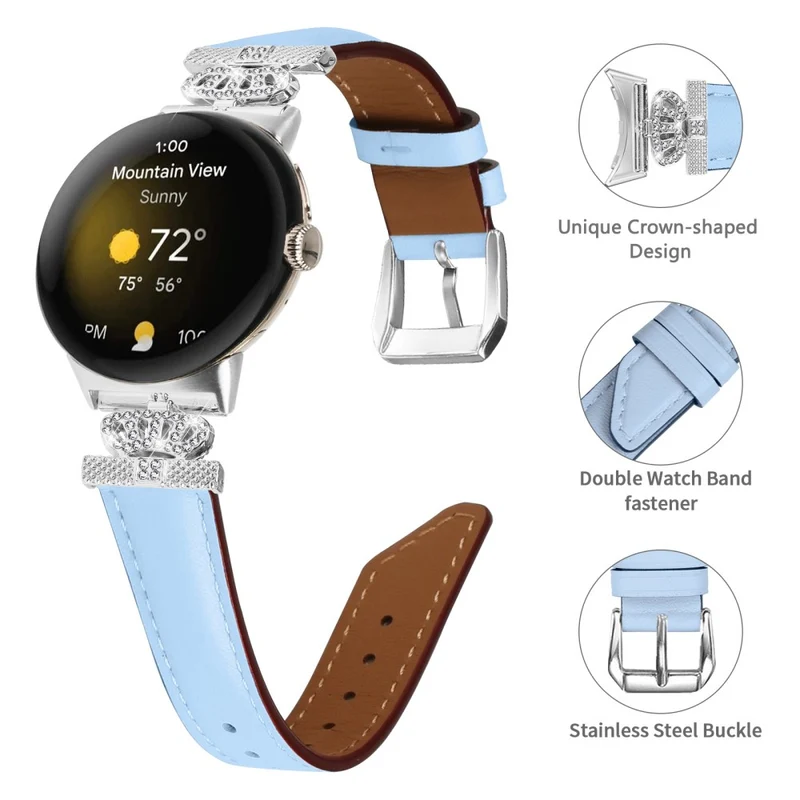 Silver Buckle Band Google Pixel Watch / Pixel Watch 2 Crown Rhinestone Decor Genuine Cowhide Leather Wrist Strap