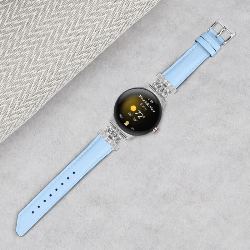 Silver Buckle Band Google Pixel Watch / Pixel Watch 2 Crown Rhinestone Decor Genuine Cowhide Leather Wrist Strap