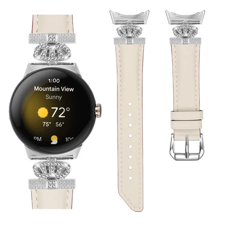 Silver Buckle Band Google Pixel Watch / Pixel Watch 2 Crown Rhinestone Decor Genuine Cowhide Leather Wrist Strap