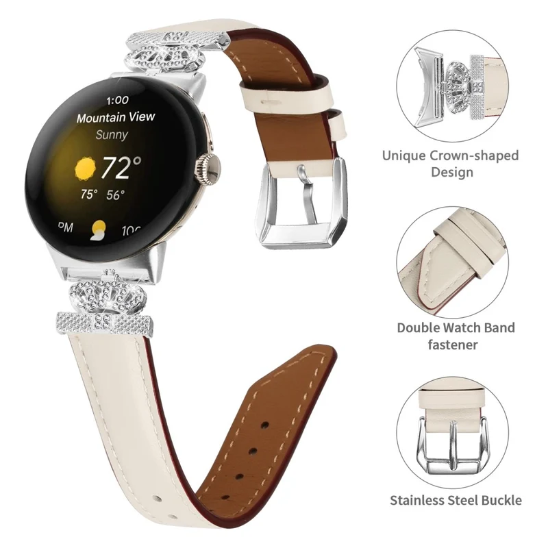 Silver Buckle Band Google Pixel Watch / Pixel Watch 2 Crown Rhinestone Decor Genuine Cowhide Leather Wrist Strap