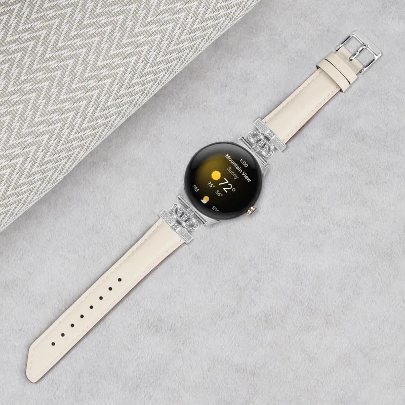 Silver Buckle Band Google Pixel Watch / Pixel Watch 2 Crown Rhinestone Decor Genuine Cowhide Leather Wrist Strap