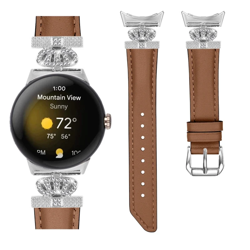 Silver Buckle Band Google Pixel Watch / Pixel Watch 2 Crown Rhinestone Decor Genuine Cowhide Leather Wrist Strap