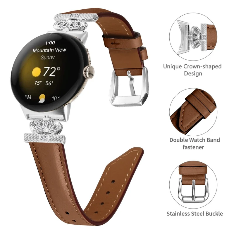 Silver Buckle Band Google Pixel Watch / Pixel Watch 2 Crown Rhinestone Decor Genuine Cowhide Leather Wrist Strap