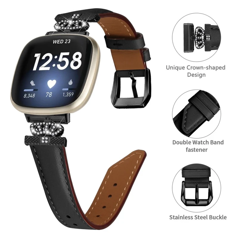 Fitbit Versa 3 / Versa 4 / Sense / Sense 2 Black Buckle Watch Strap Genuine Cowhide Leather Wristband