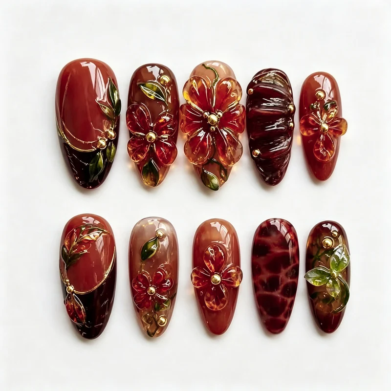 Floral-Beschmückte Press-On Nagelkunst Set