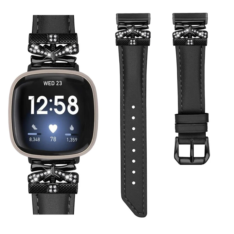 Fitbit Versa 3 / 4 / Sense / Sense 2 Black Buckle Geniune Cowhide Leather Band Butterfly Watch Strap